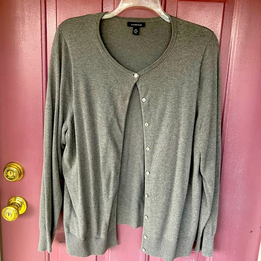 Lands' End Long Sleeve Cotton Cardigan Sweater  - Gray 16w-18w 1x